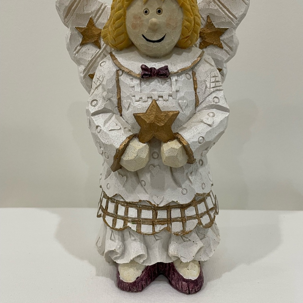 Rustic Folk Art Angel Figurine Holding Star | White Gold Wood Look | Made China